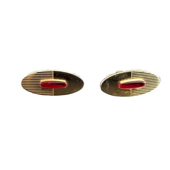 VINTAGE Signed ANSON Men's MCM Modern Gold-Tone with Red Inset Stone Cufflinks - Picture 1 of 4